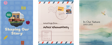 Three books with covers titled Shaping Our Story, Arbor Elementary mail, and In Our Nature.