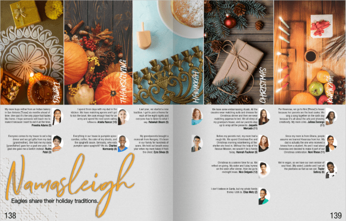 Yearbook spread featuring Diwali, Thanksgiving, Hanukkah, Christmas, and Kwanzaa memories from k-12 students