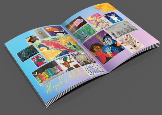 Yearbook layout idea with kid's art on display