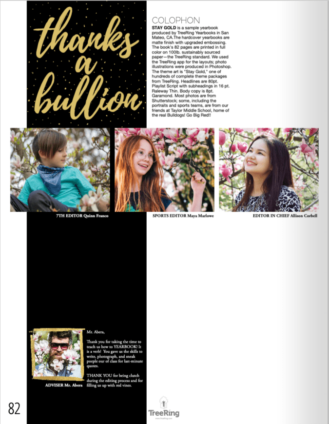 Yearbook colophon and staff listing for middle school yearbook