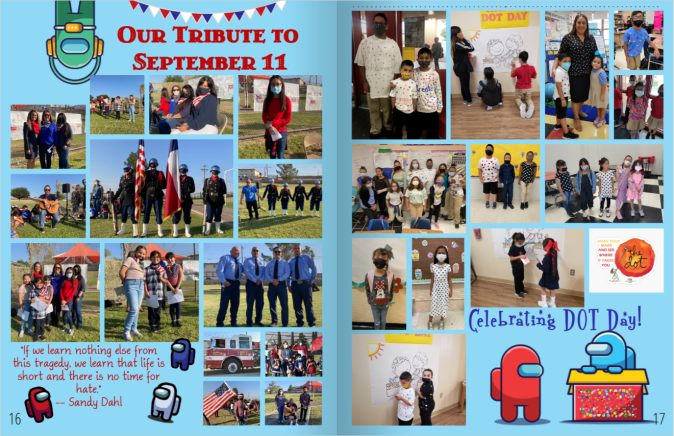 Winning elementary school yearbook spread for 2022 #TreeringMemoriesMatter design contest featuring 9/11 remembrance plus Dot Day.