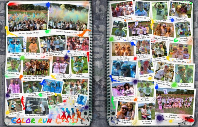 Elementary school yearbook spread for 2022 #TreeringMemoriesMatter design contest for fun run/color run