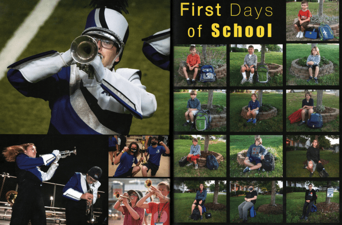 Yearbook Hero Paul Nisely's winning senior tribute with his sonp laying trumpet in the marching on the left facing page. On the right, Paul has a first day of school memory page 