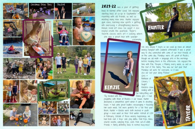 custom yearbook spread featuring hobbies of three children