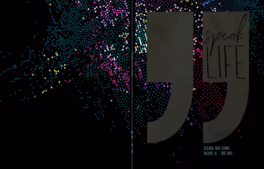 Black yearbook cover with colored half tone and cut out quotes for "Speak Life" yearbook theme
