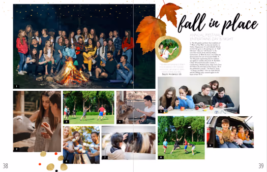 Fall Festival yearbook spread with petting zoo, ultimate frisbee, and craft photos.