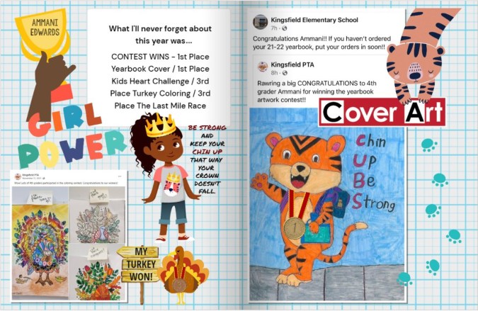 Yearbook spread from contest winner and yearbook hero Tawanna Edwards detailing a students elementary school achievements and winning yearbook cover design