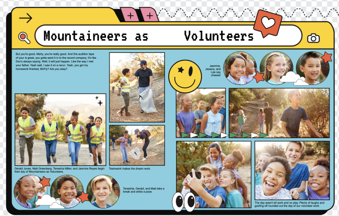 90s themes yearbook spread featuring Windows 95-looking module boxes, digital font, and icons