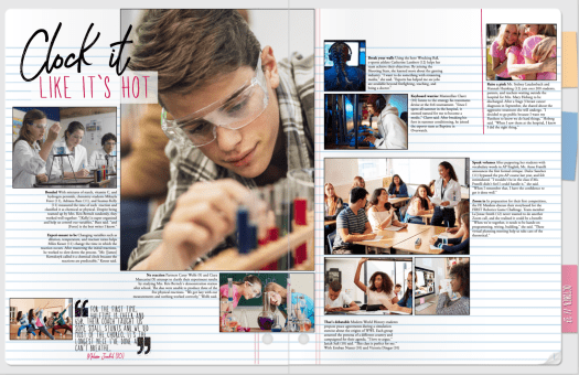 Collection of classroom photos on a yearbook spread