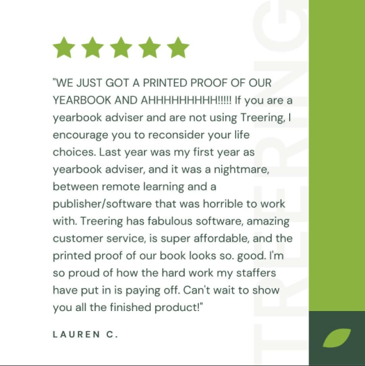 WE JUST GOT A PRINTED PROOF OF OUR YEARBOOK AND AHHHHHHHHH!!!!! If you are a yearbook adviser and are not using TreeRing, I encourage you to reconsider your life choices. Last year was my first year as yearbook adviser, and it was a nightmare, between remote learning and a publisher/software that was *horrible* to work with. TreeRing has fabulous software, amazing customer service, is super affordable, and the printed proof of our book looks *so.* *good.*