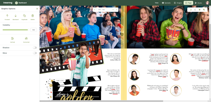 Yearbook spread showing layering of photos and graphic elements
