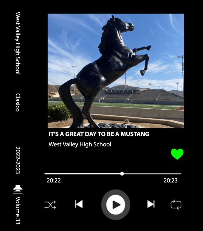 Yearbook cover inspired by Spotify with player info, track title, and artist