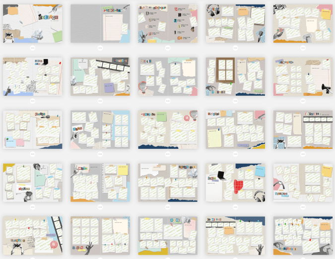 Layers of papers, photos, tapes, and text to create 25 collage-inspired yearbook spreads