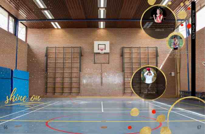 An empty gym covers both pages of this divider spread. It also has the stories of three athletes in the top layer.