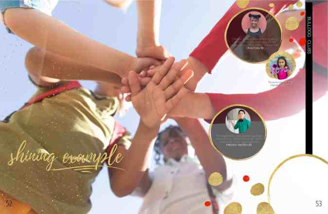 Yearbook divider page with three quotes from club leaders over a large photo. The large photo is of six students with their hands in the middle of a huddle before a community service project.