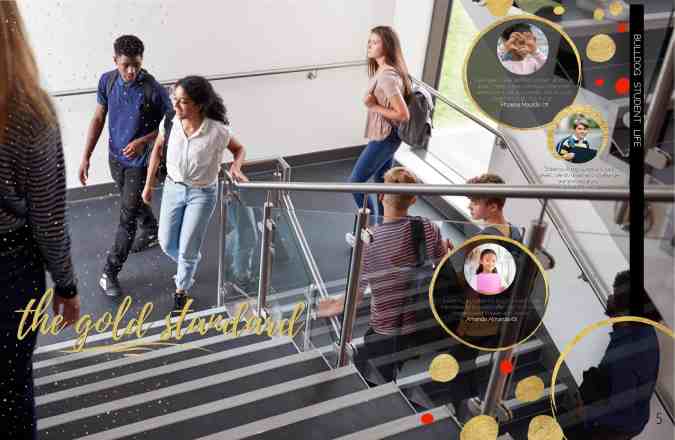 Five middle schoolers walking up the stairs of the new school building. There are three call outs from other students talking about how the move impacted them on this divider page.