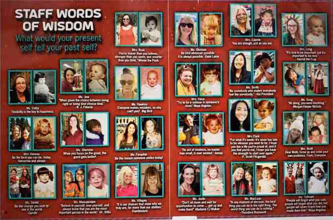 Collage of staff photos with childhood pictures and wisdom quotes reflecting on life and personal growth.