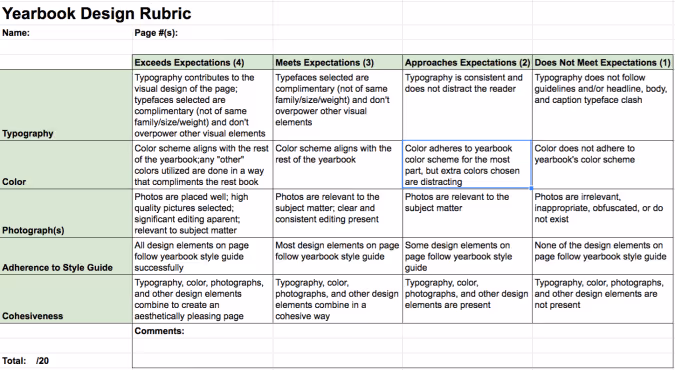 yearbook rubric for grading design