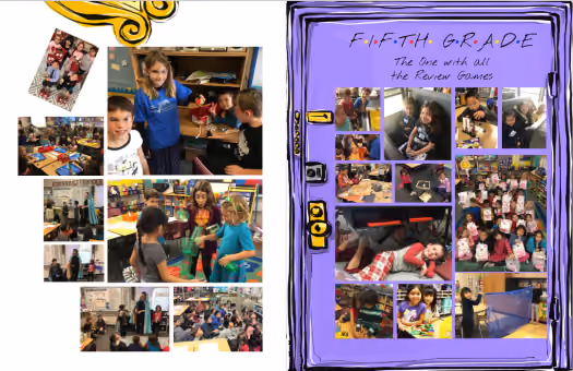 Yearbook-style collage of fifth graders playing games, learning, and posing in a classroom setting.