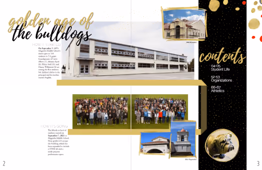 Yearbook table of contents featuring a brief timeline of events from Magnolia's 50-year history.