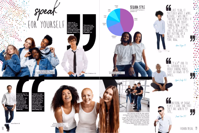 Fashion spread featuring diverse teens posing and quotes about style and self-expression.