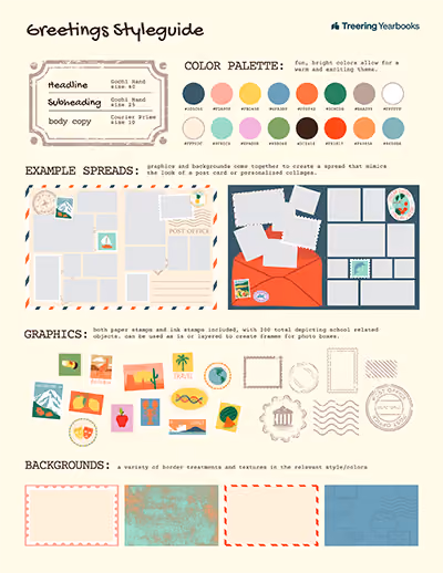 Greetings style guide with color palette, fonts, example spreads, graphics, and background designs.