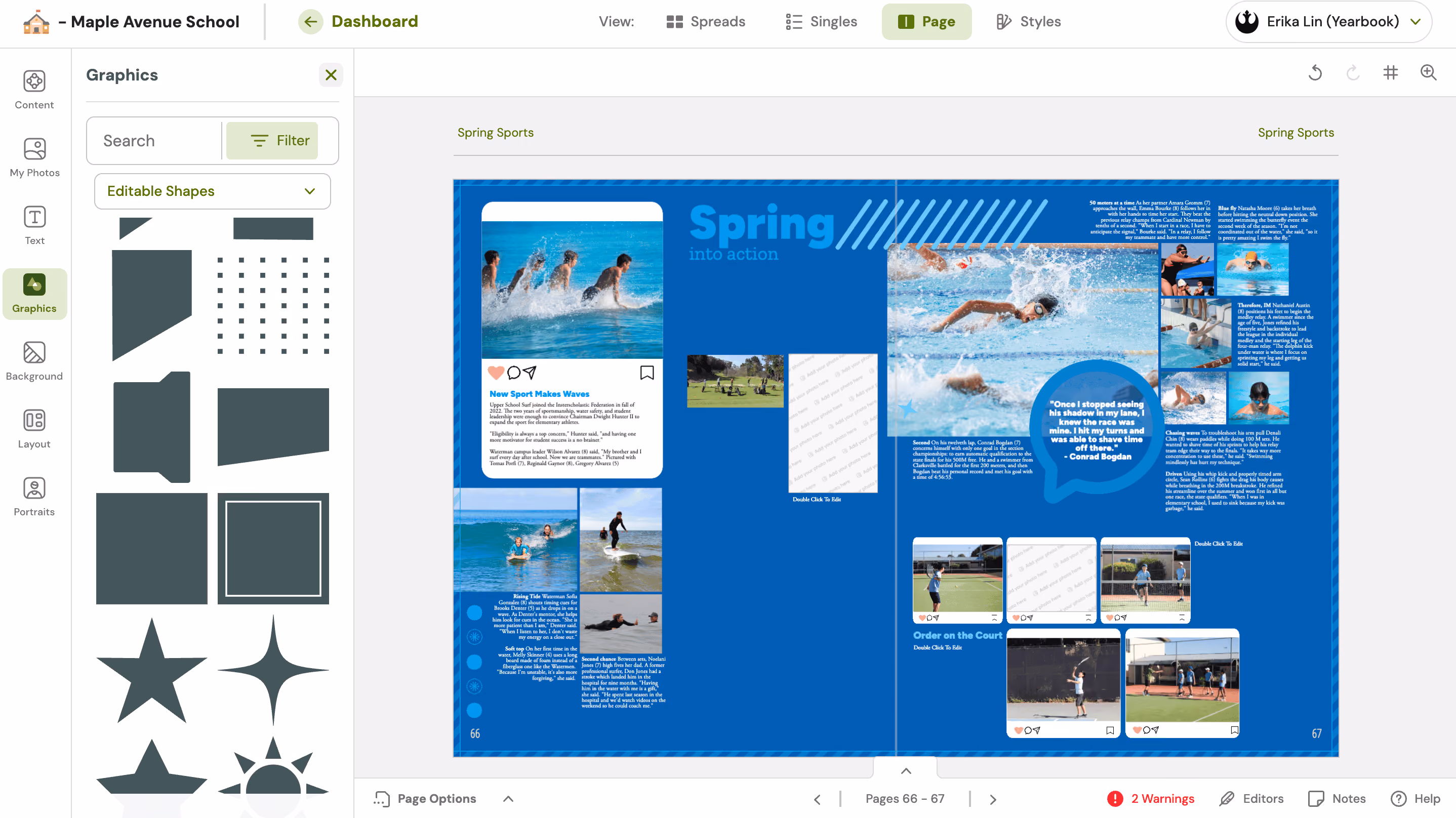 Yearbook digital design with sports photos and text sections on a blue background titled Spring Sports.