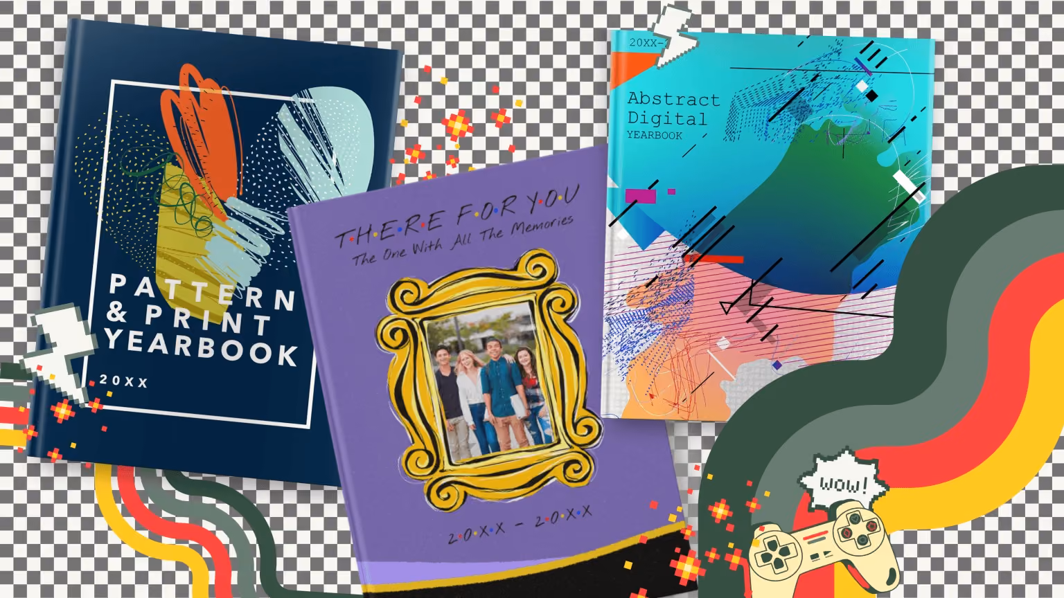 Three colorful yearbooks with abstract, photo frame, and digital art covers and a gaming controller illustration.