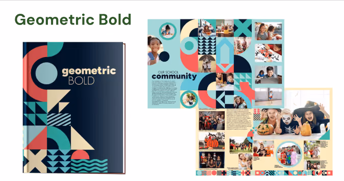 Book cover and pages of Geometric Bold yearbook with colorful geometric patterns and school community photos.