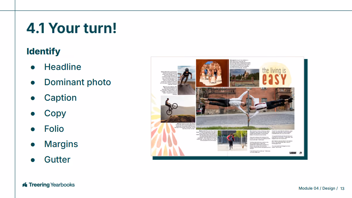 Slide titled '4.1 Your turn!' listing design elements to identify with a yearbook spread example.