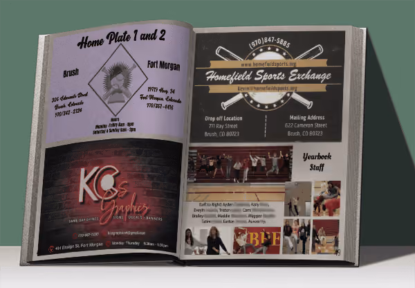 Open magazine showing local ads for Home Plate restaurants and Homefield Sports Exchange with yearbook staff photos.