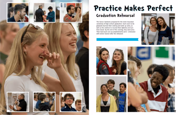High school students smiling, interacting, and rehearsing for graduation in multiple candid photos.