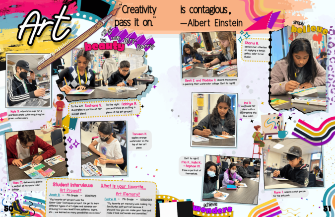 Art themed yearbook spread with candid photos of students painting. Captions accompany the photos, and various art related elements are scattered throughout.