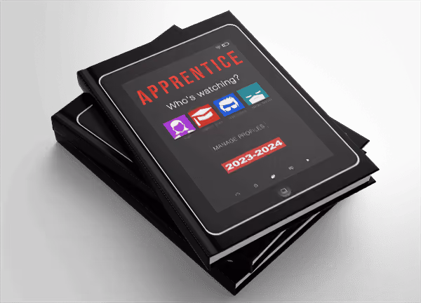 Stack of black books with a tablet showing 'APPRENTICE Who's watching?' and the year 2023-2024.
