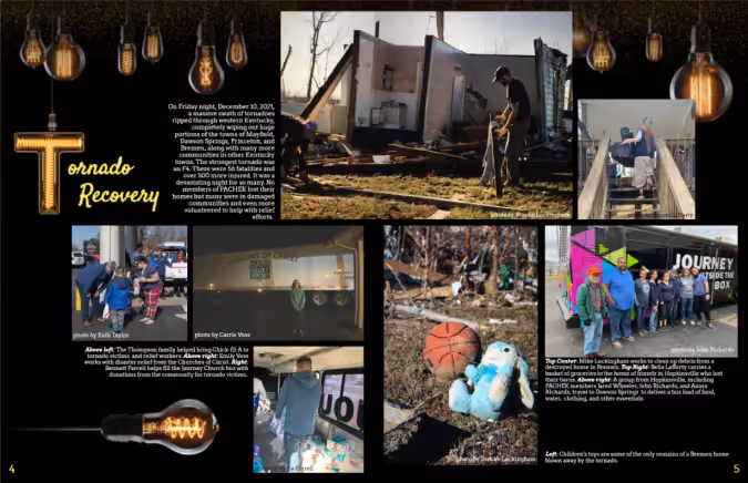 High school yearbook spread for 2022 #TreeringMemoriesMatter design contest on the Kentucky tornado.