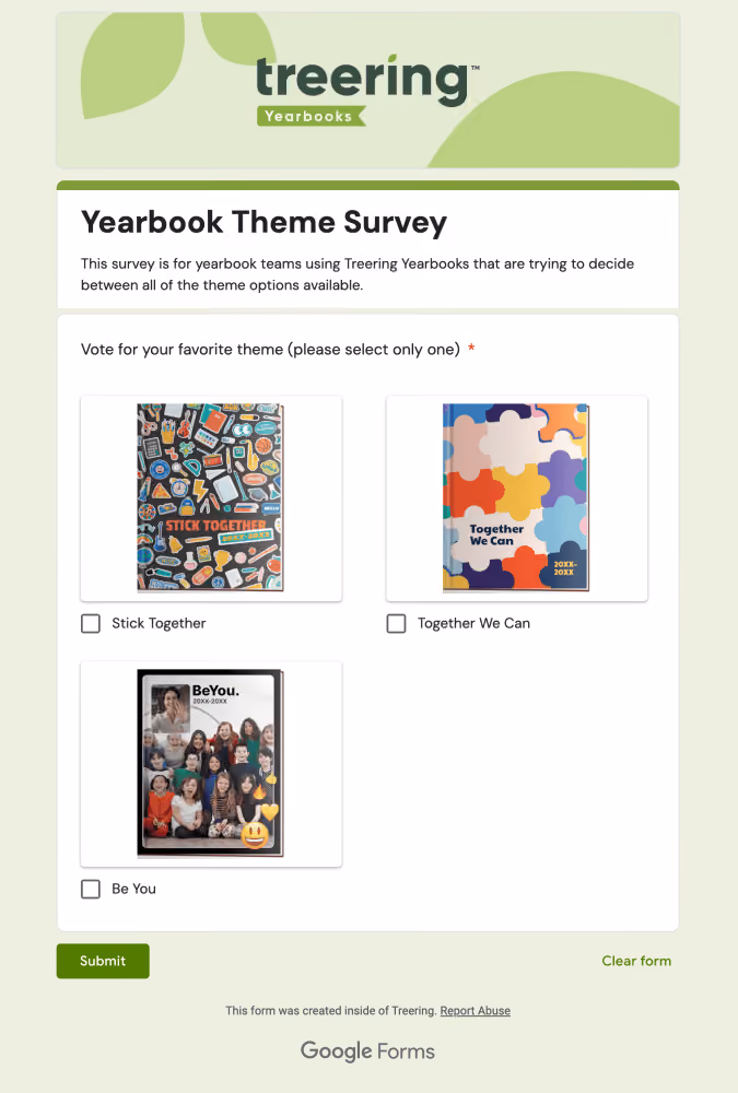 Yearbook theme survey with three options: Stick Together, Together We Can, and Be You with cover images.
