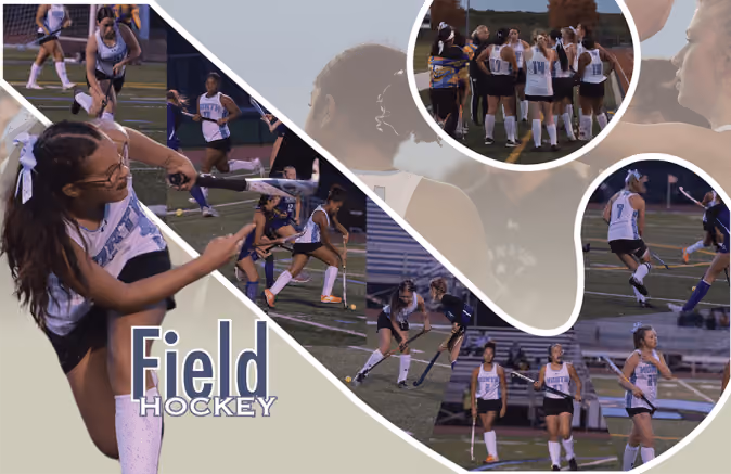 Design contest finalist and field hockey yearbook spread with excellent use of color and photos as a background.