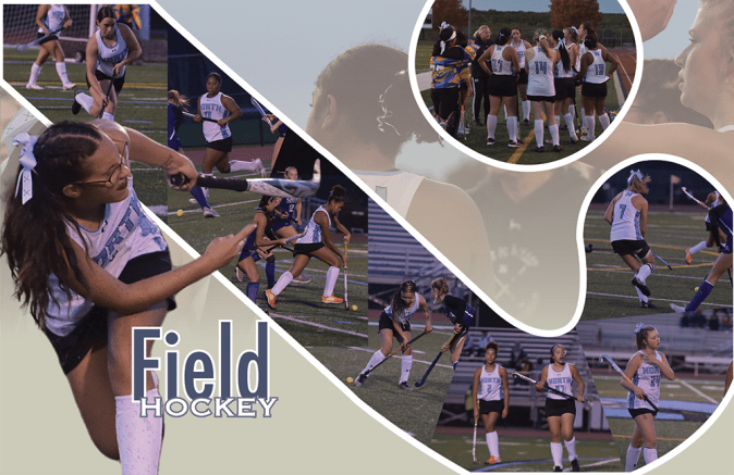 Design contest finalist and field hockey yearbook spread with excellent use of color and photos as a background.