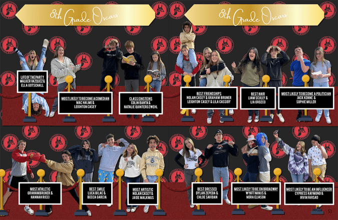 Awards-themed superlatives spread with cutouts and gold-themed graphics