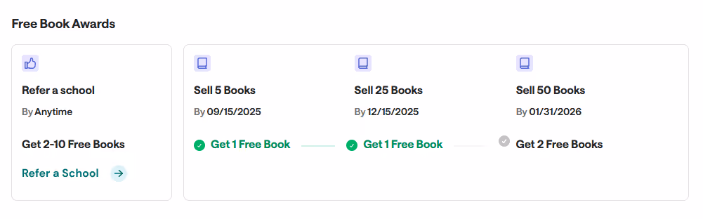 Chart showing free book awards for referring a school and selling 5, 25, or 50 books with dates and free book counts.