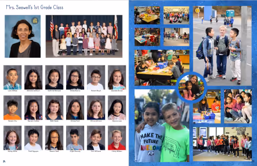 Elementary school yearbook spread showing Mrs. Sewell’s 1st grade class portraits and candid photos.