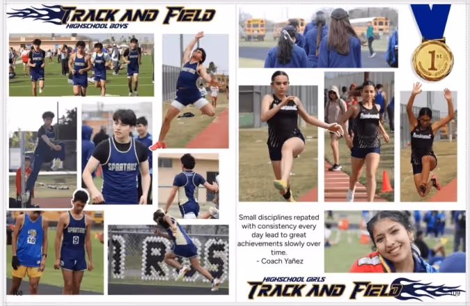 Collage of high school boys and girls competing in track and field events and a gold 1st place medal.