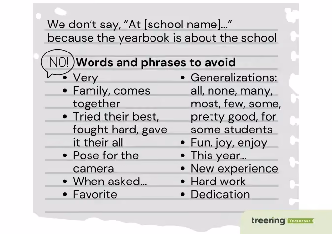 List of words and phrases to avoid in yearbooks, including very, favorite, generalizations, fun, and dedication.