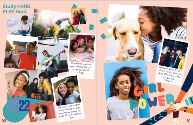 Collage of diverse teens studying, playing, and smiling with captions like Study Hard Play Hard and Girl Power.