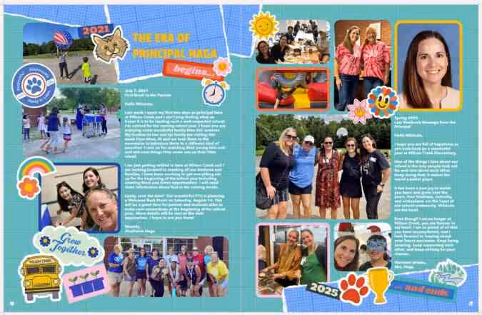 Colorful school newsletter spread featuring photos of students, staff, and group activities.