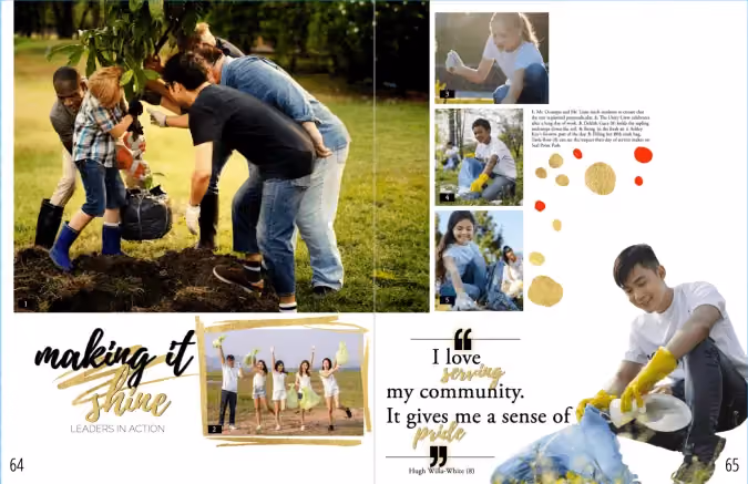 People and children planting a tree and picking up trash outdoors as community service.