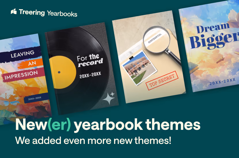 Four yearbook themes: Leaving an Impression, For the Record, Top Secret, and Dream Bigger with dates 20XX-20XX.