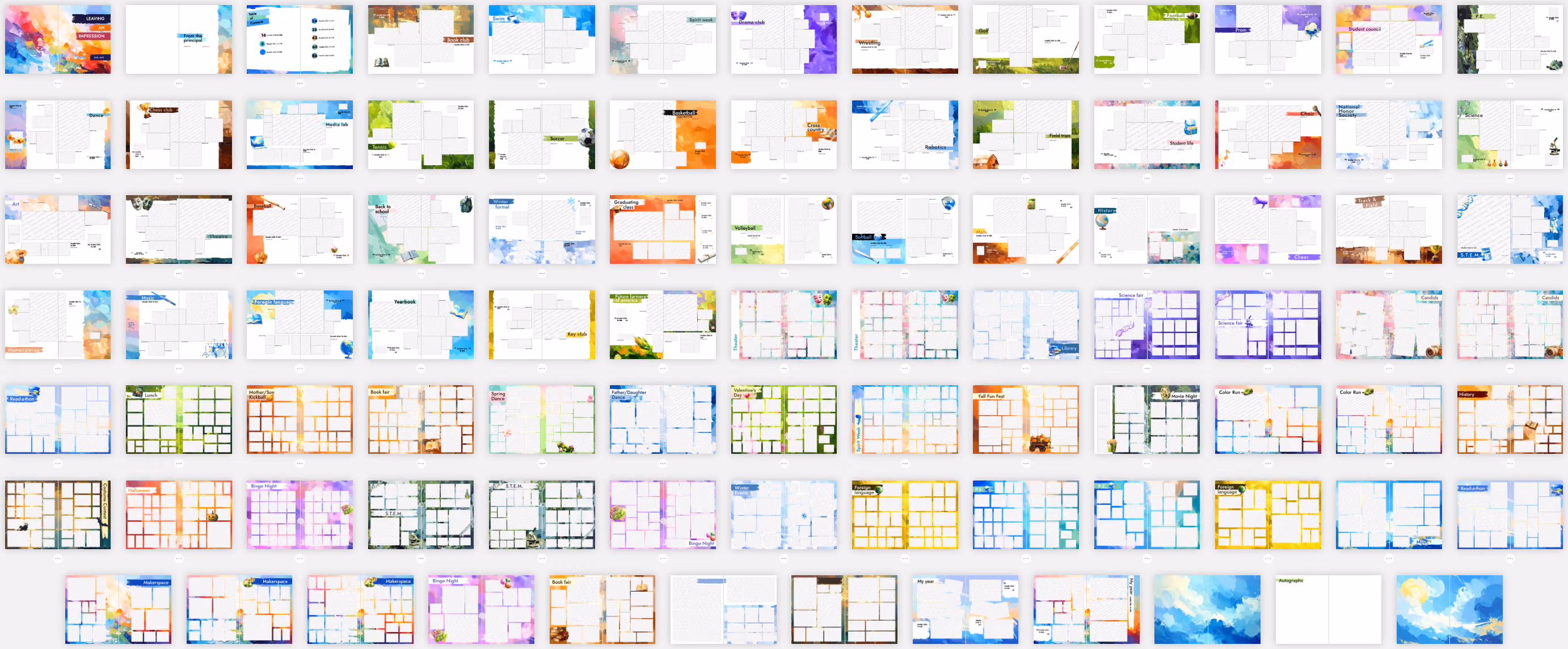 Grid of various colorful yearbook layout templates with headings and space for photos and text.