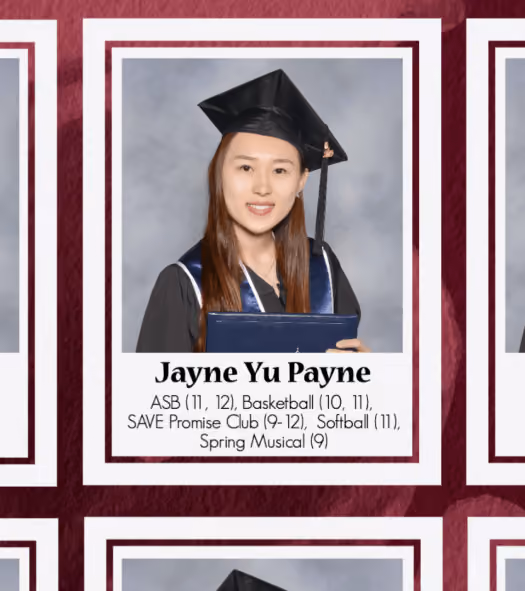 Senior portrait of Jayne Yu Payne in cap and gown holding diploma with clubs and sports listed below.