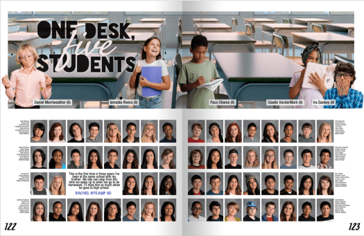 Half portrait page with top module on five students who share a desk and school portraits on the bottom half of the yearbook page.